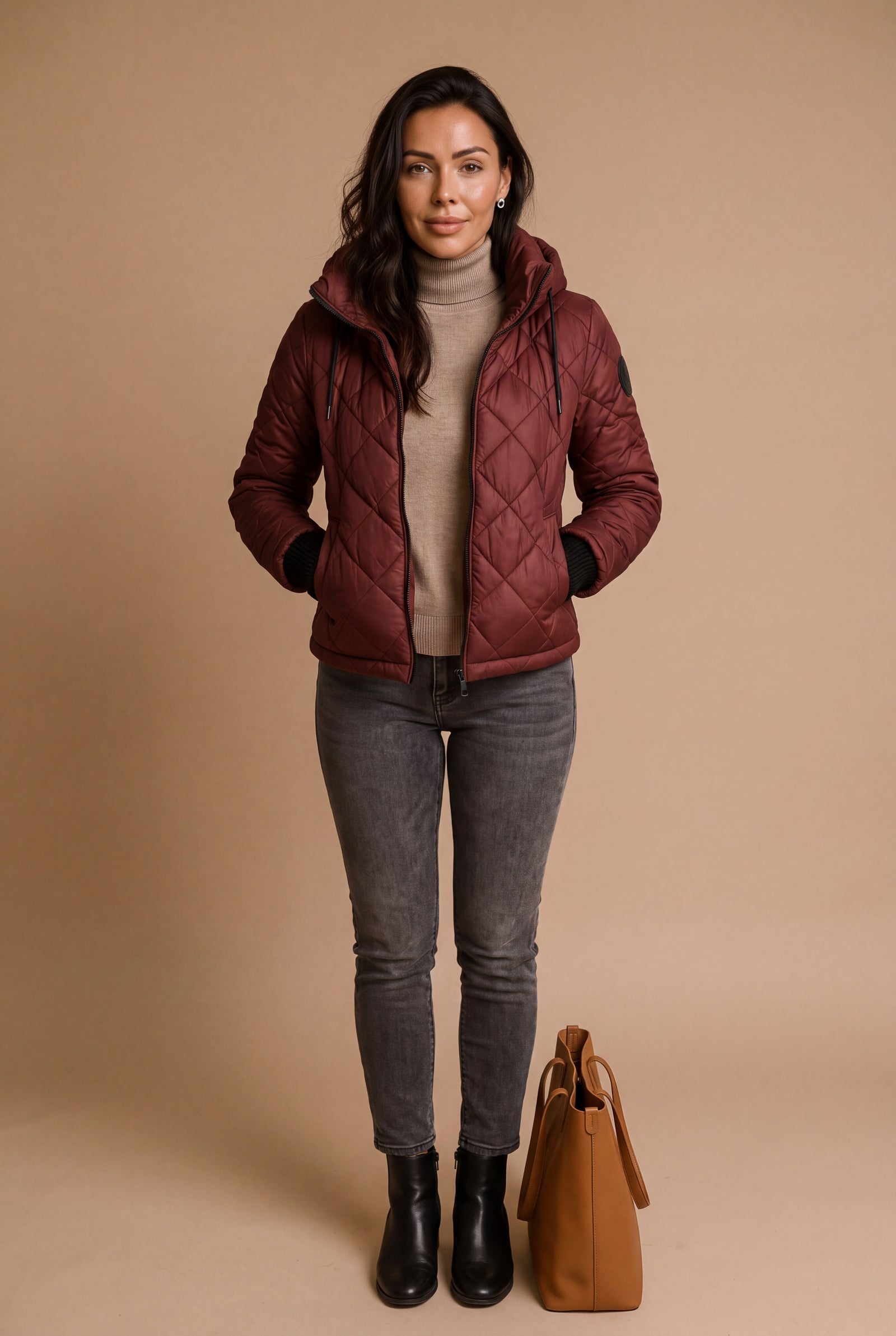 Women's Quilted Puffer Jacket Regular Fit in Red/Pink — studio front