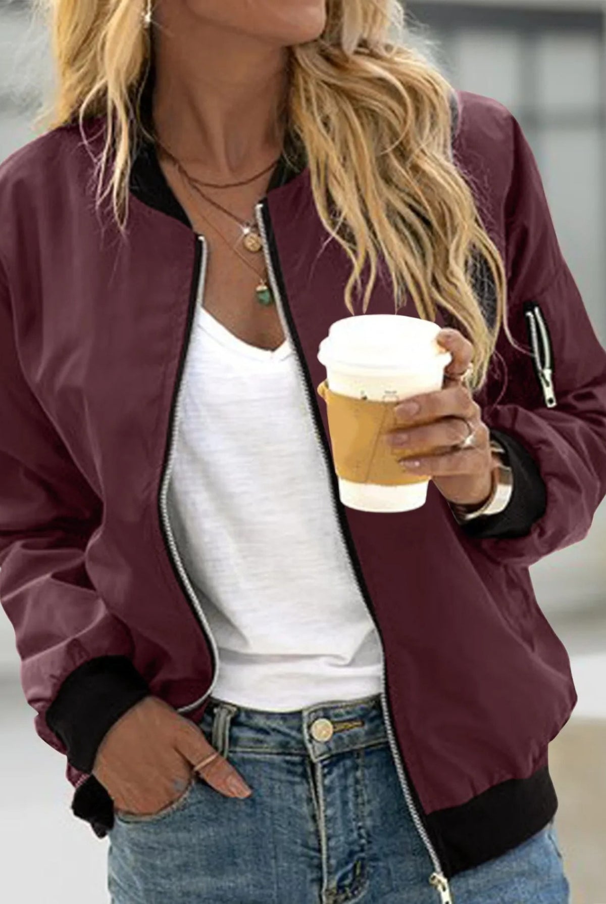 Rib-Knit Bomber Jacket in Red — front view