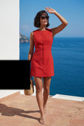 Red Sleeveless Button-front Fitted Mini Dress - Photo 8