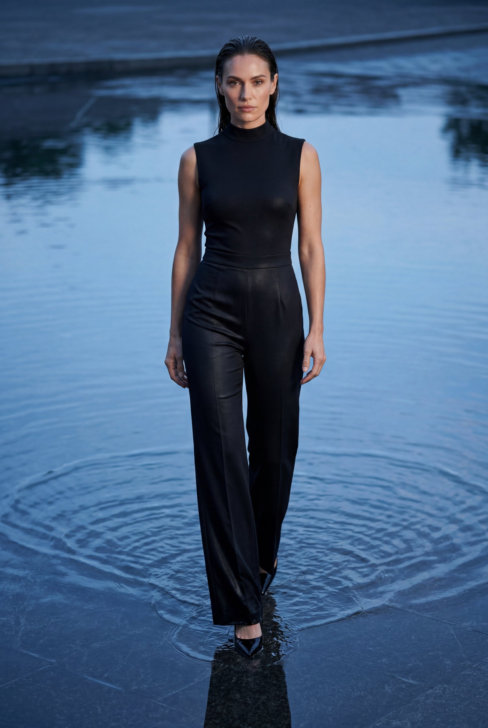 Black Sleeveless Mock Neck Wide Leg Jumpsuit - Photo 11