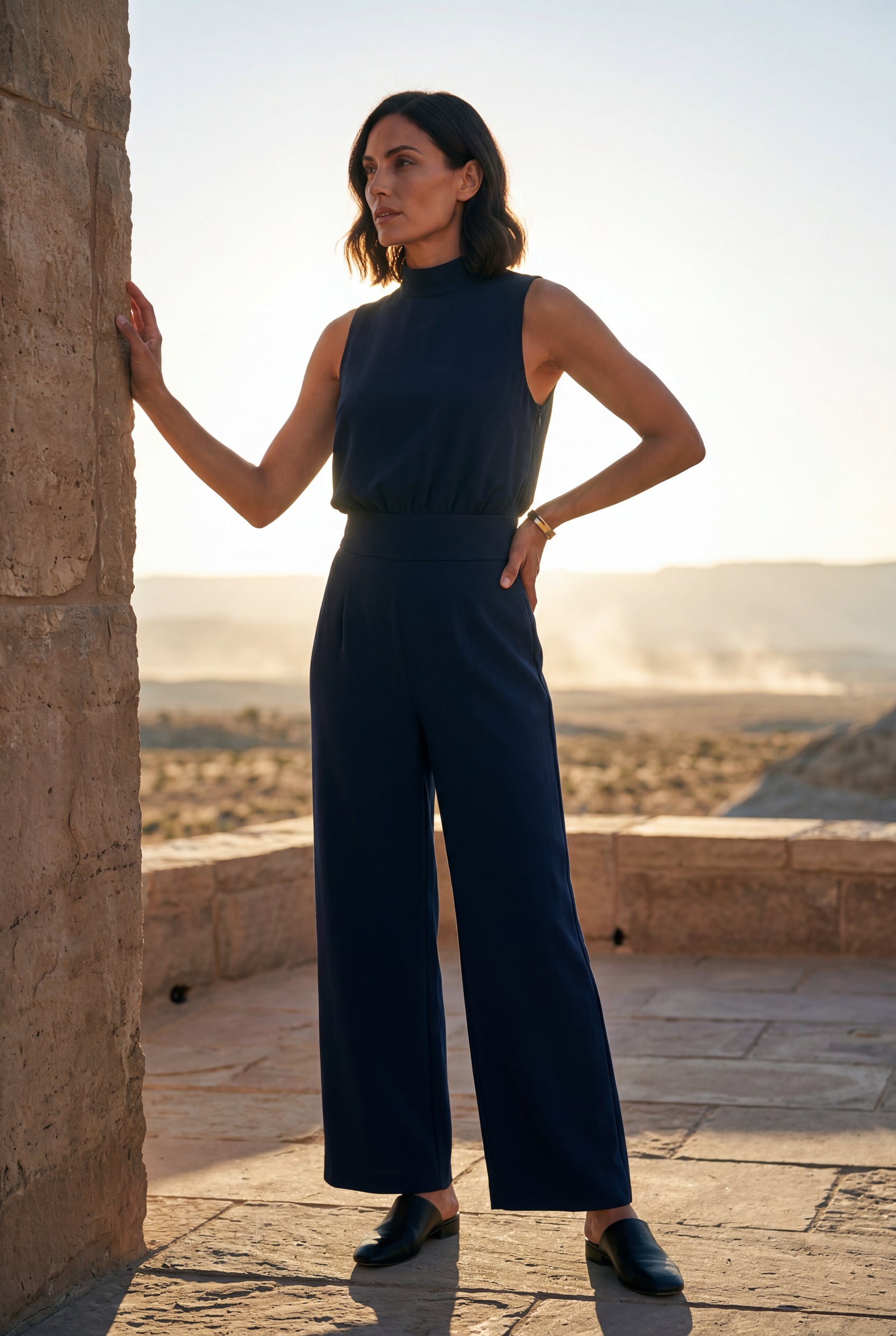 Navy Blue Sleeveless Mock Neck Wide Leg Jumpsuit - Photo 15