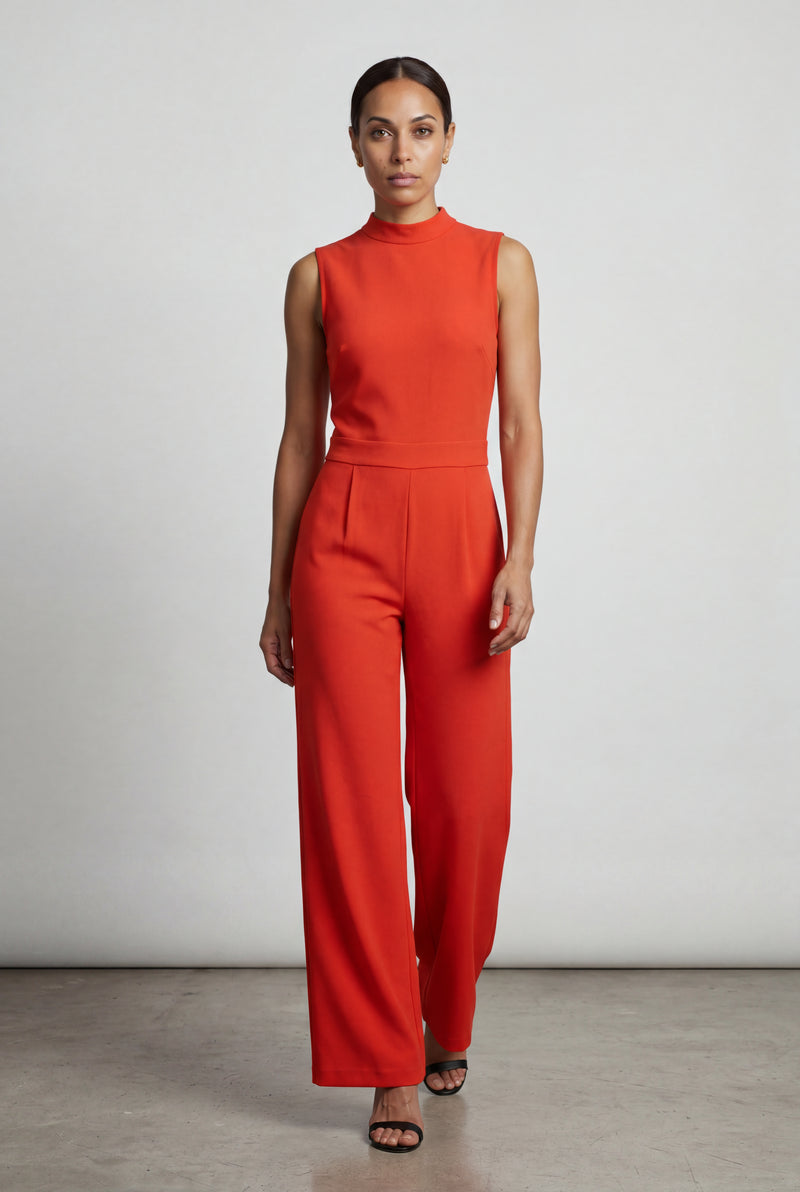 Red Sleeveless Mock Neck Wide Leg Jumpsuit - Photo 3