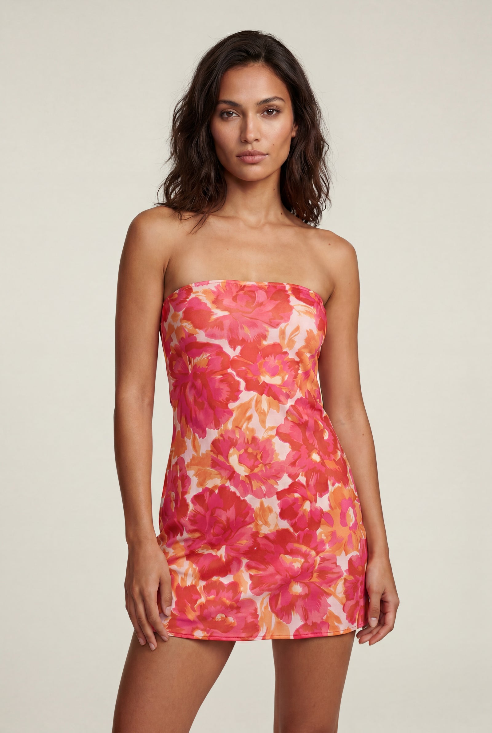 Red Strapless Floral Print Bodycon Mini Dress - Photo 1