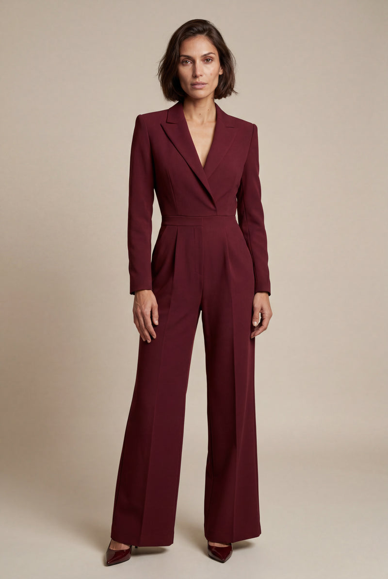 Red Tailored Wide-leg Blazer Jumpsuit with Lapel Neckline - Wide leg jumpsuit - Photo 1