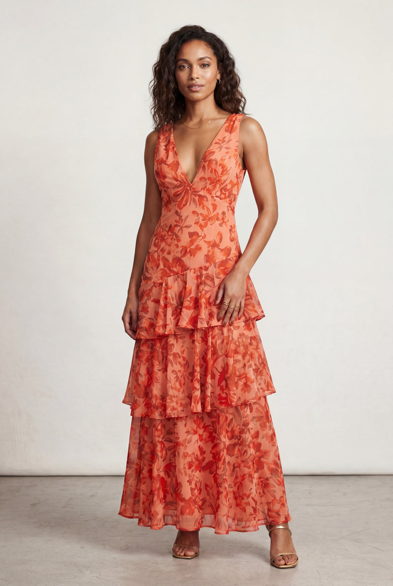 Red Tiered Floral Maxi Dress with Deep V-neckline - Photo 1