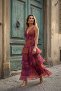 Red Tiered Floral Maxi Dress with Deep V-neckline - Photo 14