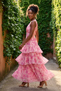 Pink Tiered Floral Maxi Dress with Deep V-neckline - Photo 17
