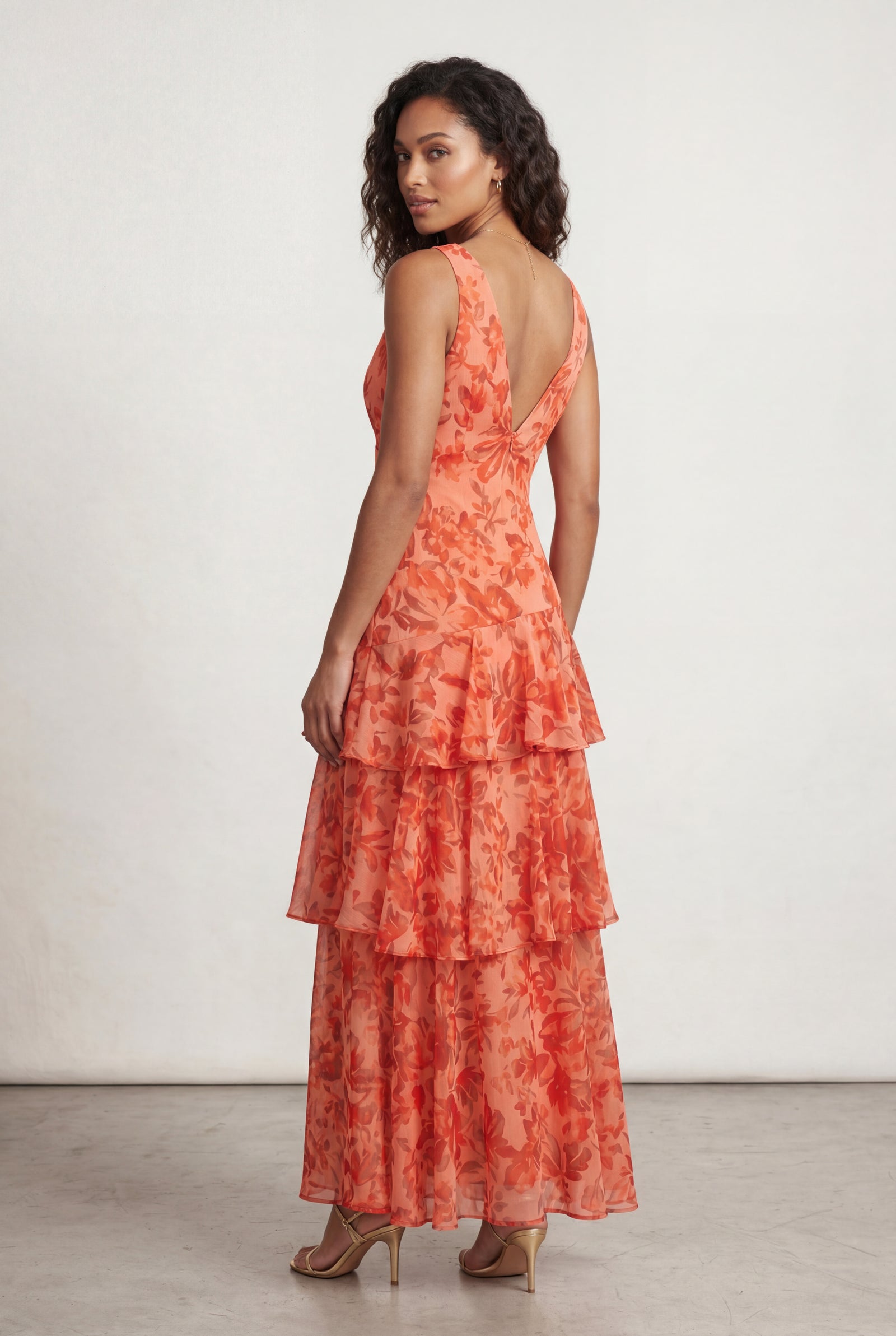 Red Tiered Floral Maxi Dress with Deep V-neckline - Photo 2
