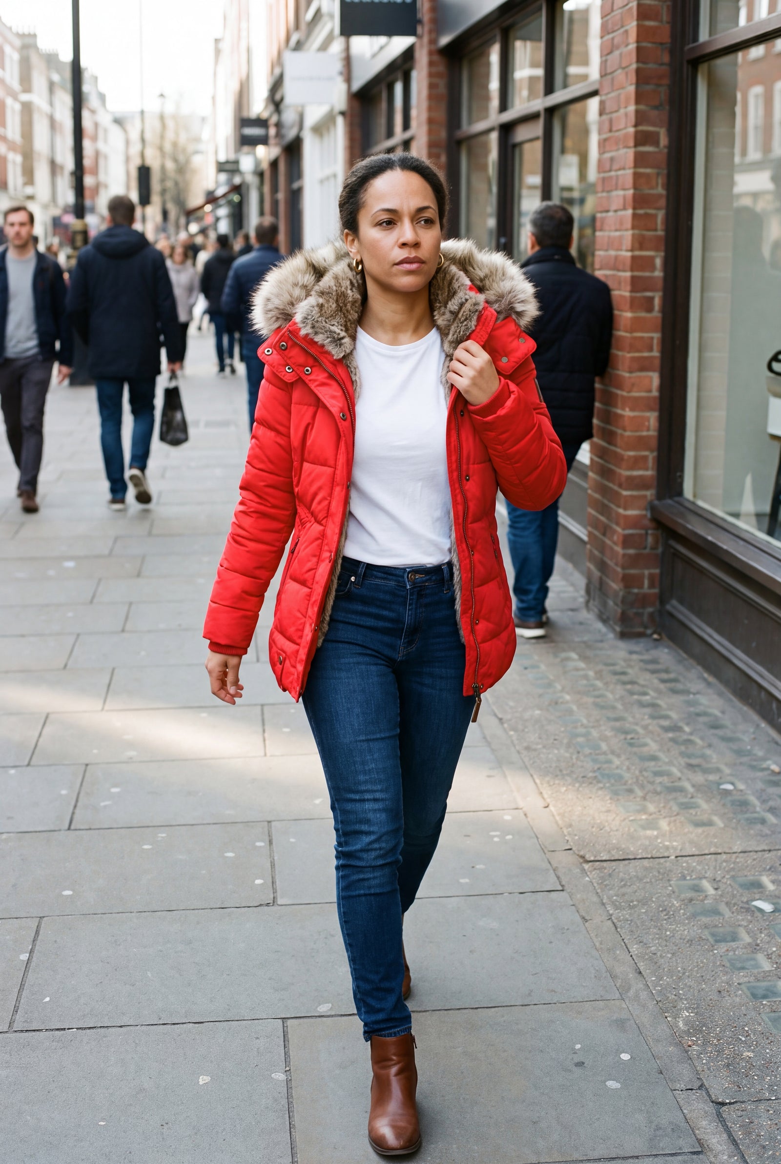 Women's Jacket Faux Fur Collar in Red — lifestyle walk