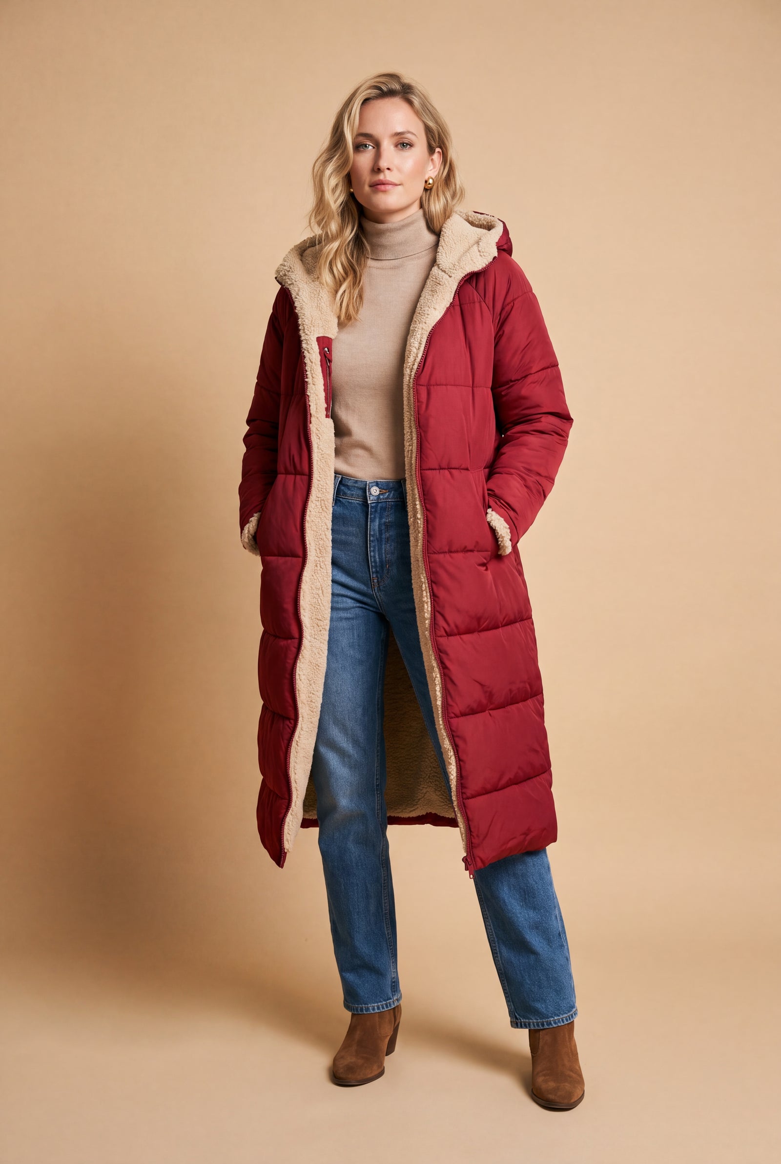 Women's Winter Jacket Long Silhouette in Red — studio shot