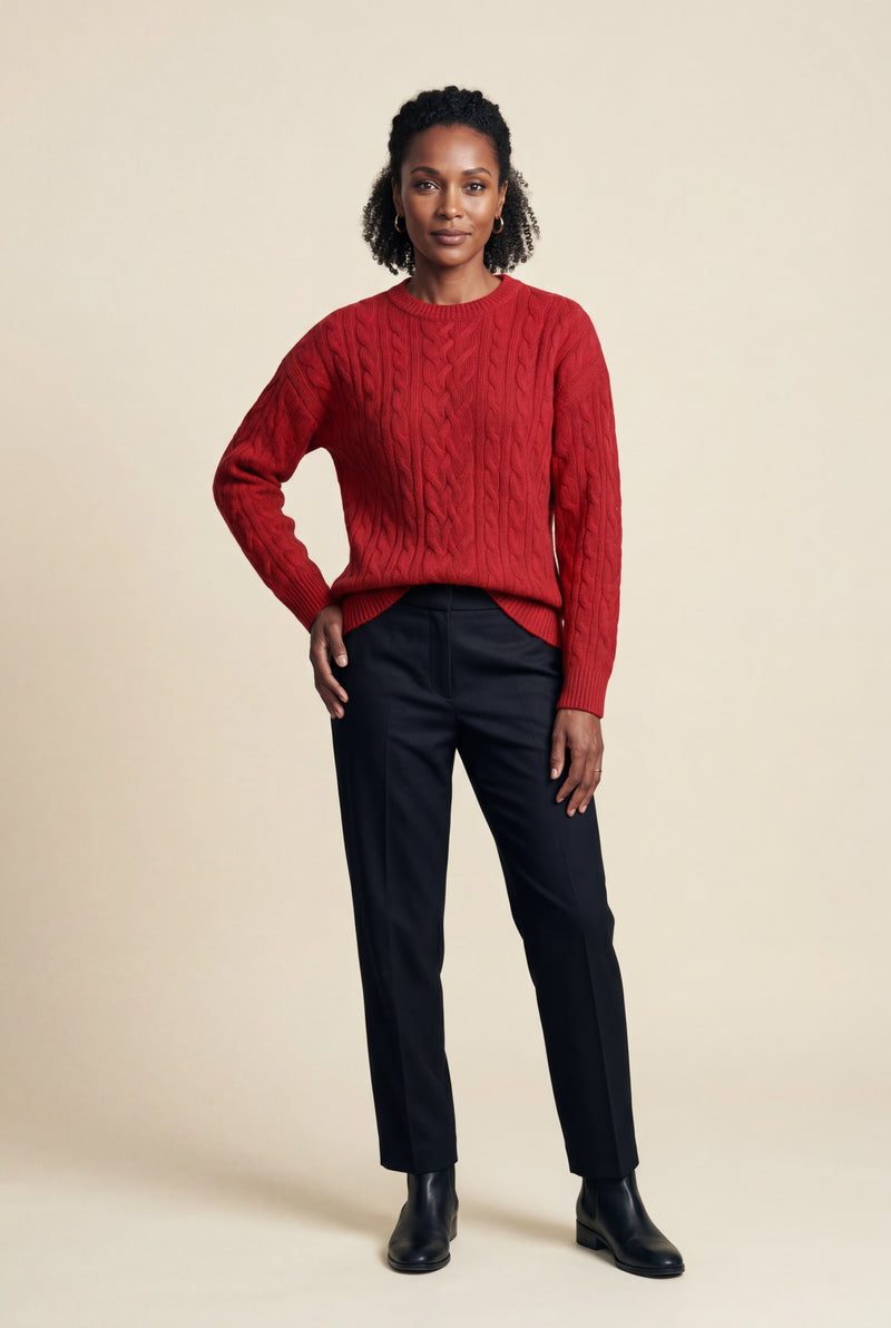 Red Women's Chunky Cable Crew Neck Sweater - Sweaters - Photo 3