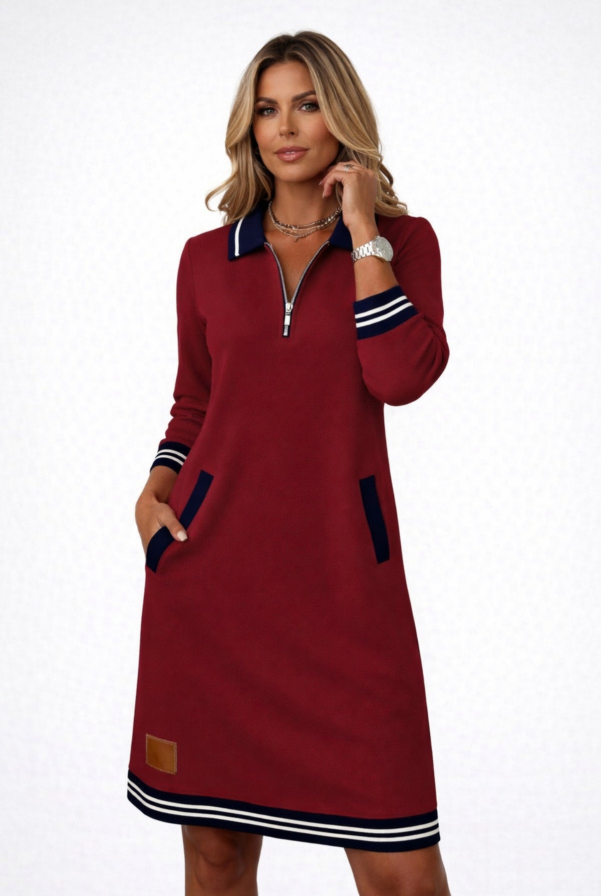 Zip-Front Polo Sweater Dress in Red — front view