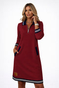 Zip-Front Polo Sweater Dress in Red — front view
