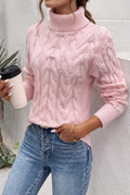 Cable-Knit Turtleneck Sweater in Rose — studio front
