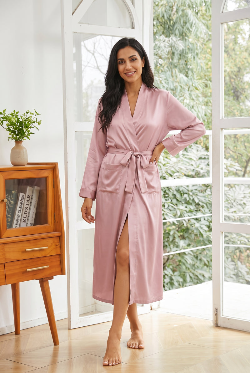 Silk Wrap Robe in Rosy Pink — studio front