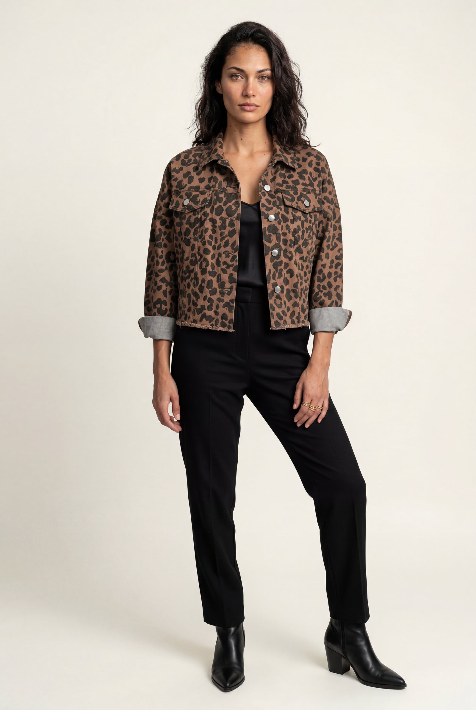 Brown Brown Leopard Print Cropped Jacket with Boxy Fit - Denim jackets - Photo 1