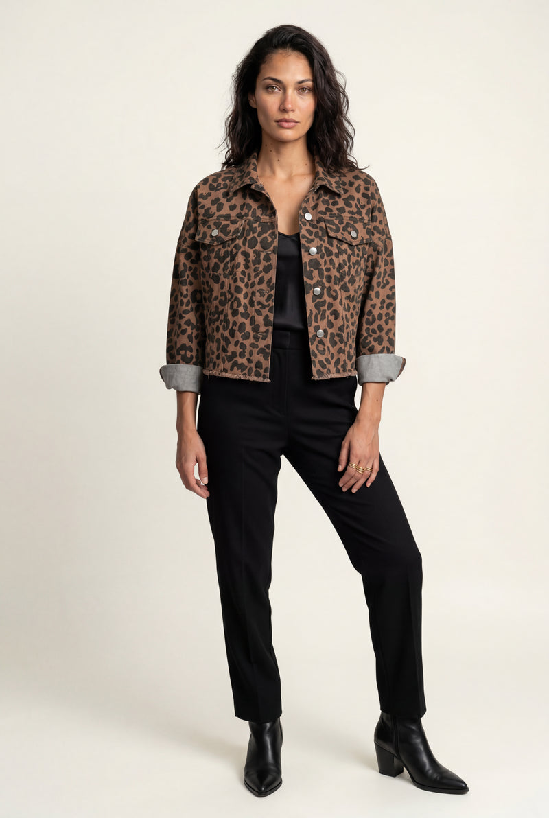 Brown Brown Leopard Print Cropped Jacket with Boxy Fit - Denim jackets - Photo 1