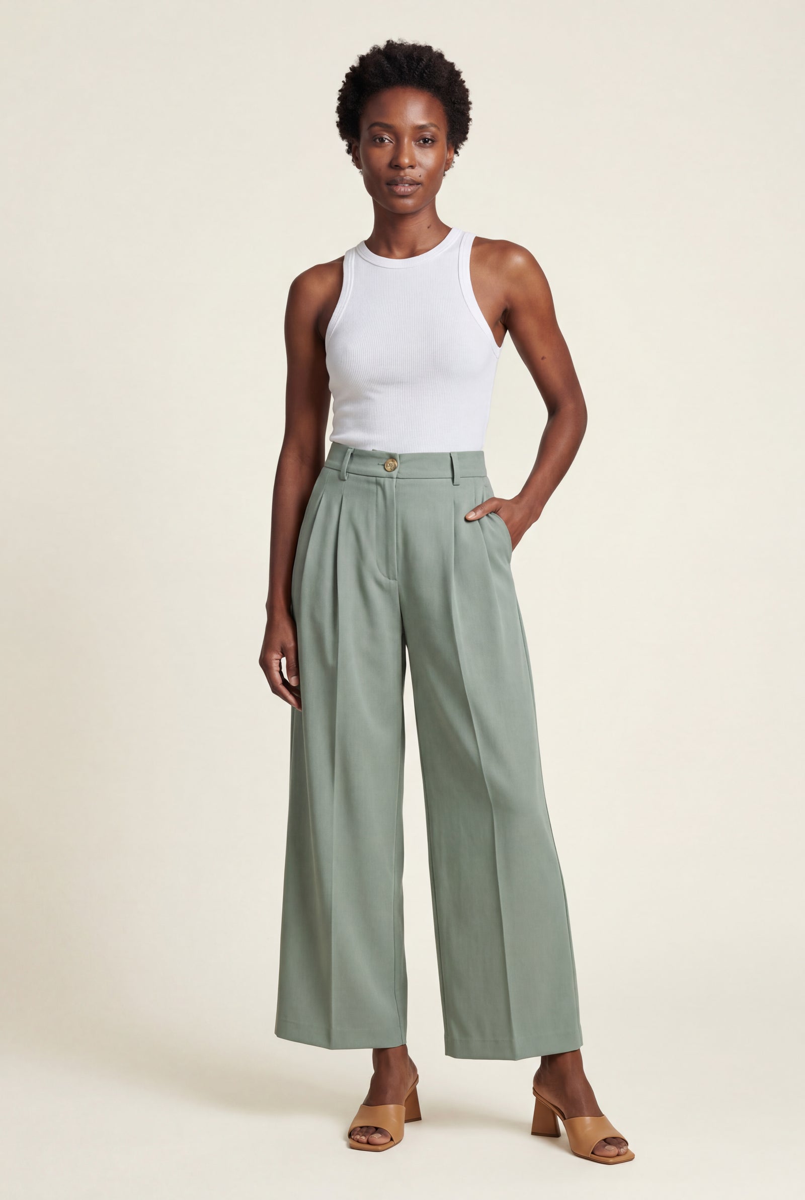 Sage Green High-waisted Pleated Wide-leg Tailored Trousers - Wide leg trousers - Photo 7