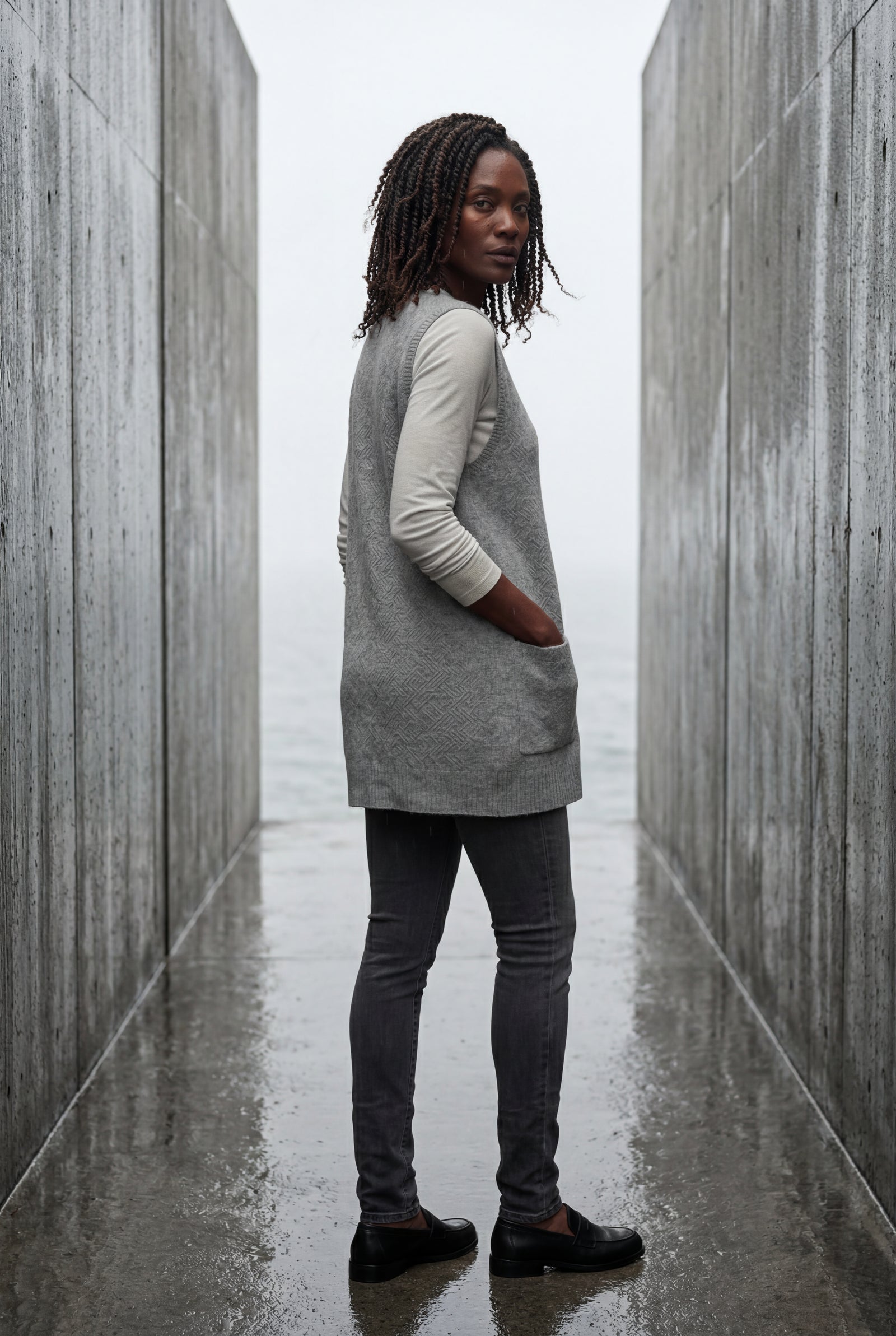 Gray Sleeveless V-neck Cardigan Dress with Pocket - Sleeveless cardigan - Photo 12