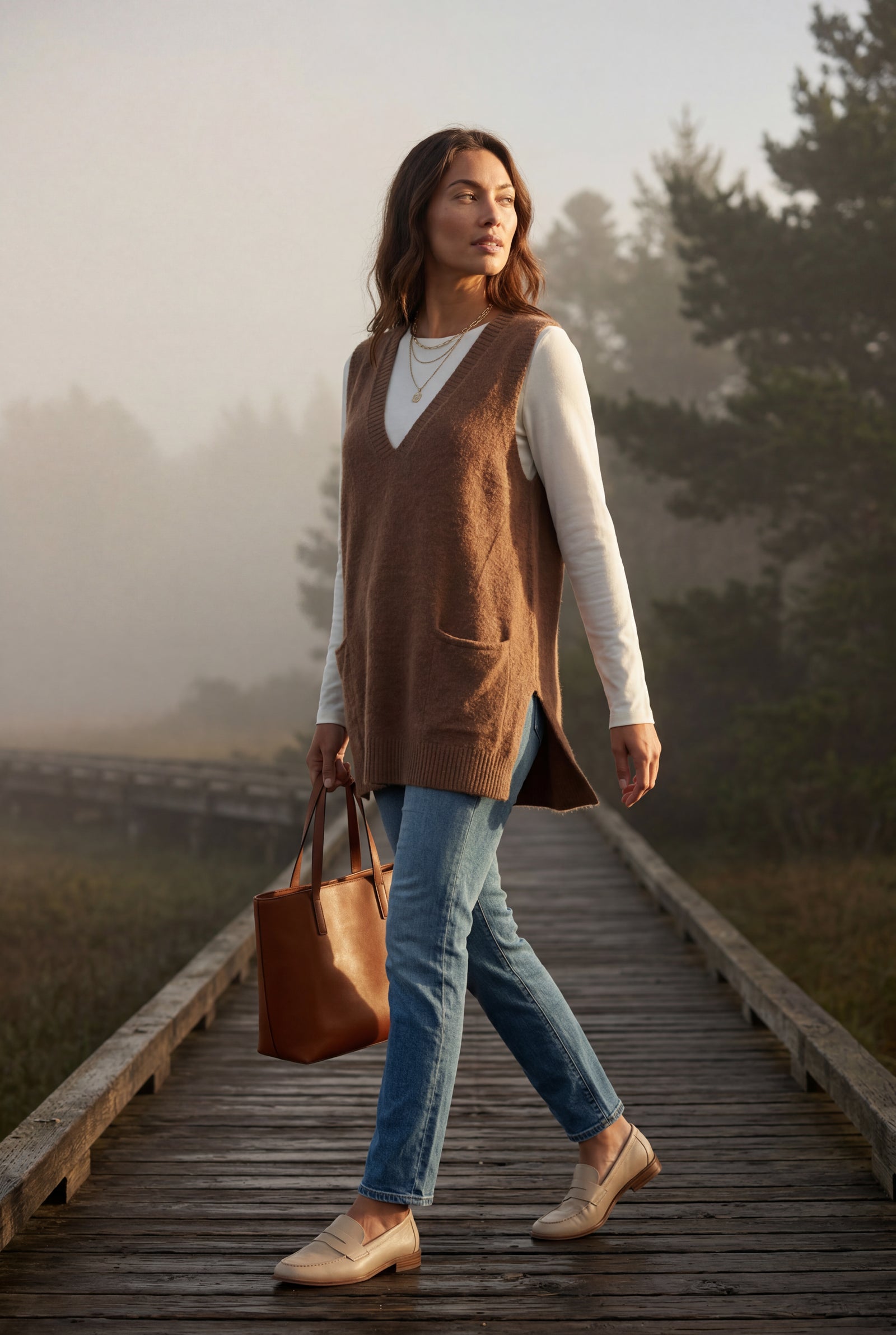 Brown Sleeveless V-neck Cardigan Dress with Pocket - Sleeveless cardigan - Photo 14