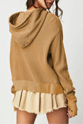Cropped Waffle Zip-Up Hoodie in Sand — back