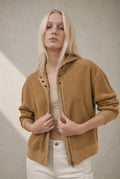 Cropped Waffle Zip-Up Hoodie in Sand — front view