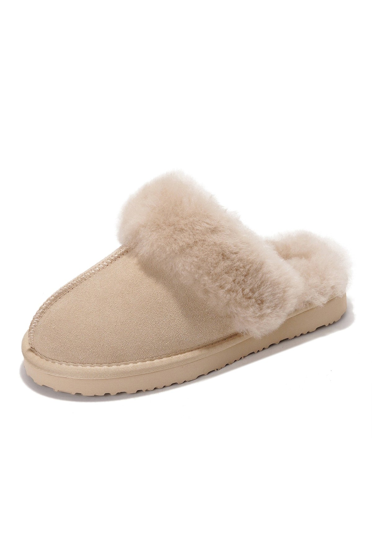 Shearling Open-Back Slippers in Sand Suede — front view