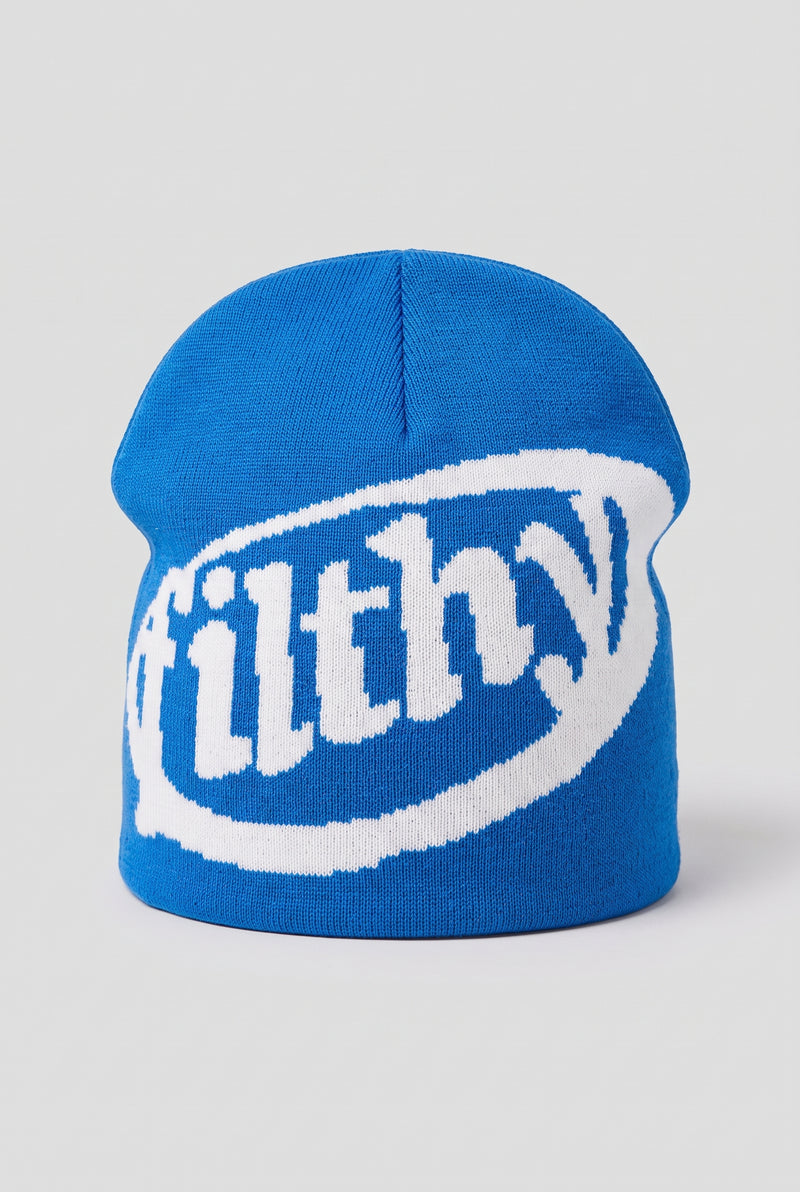 Acrylic Knit Beanie in Sapphire — studio front