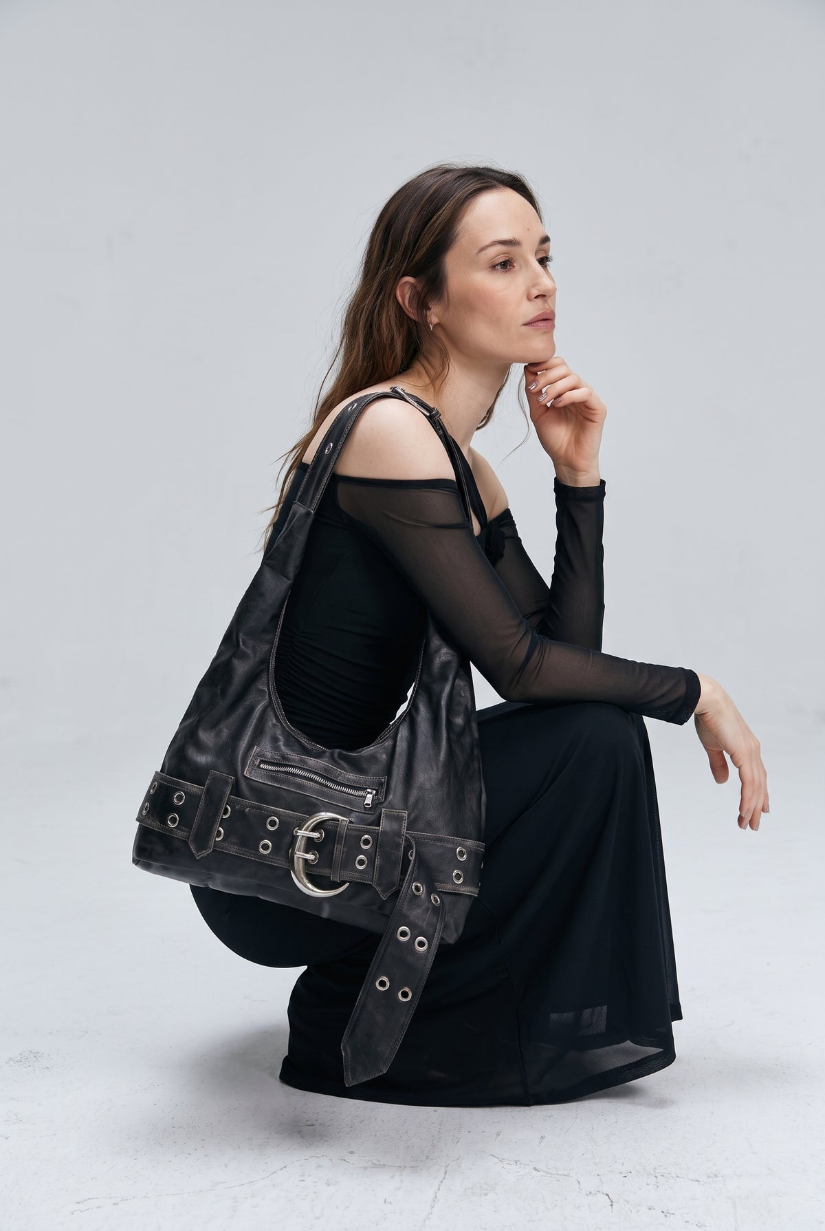 Convertible Hobo Bag in Silver Black — studio angle
