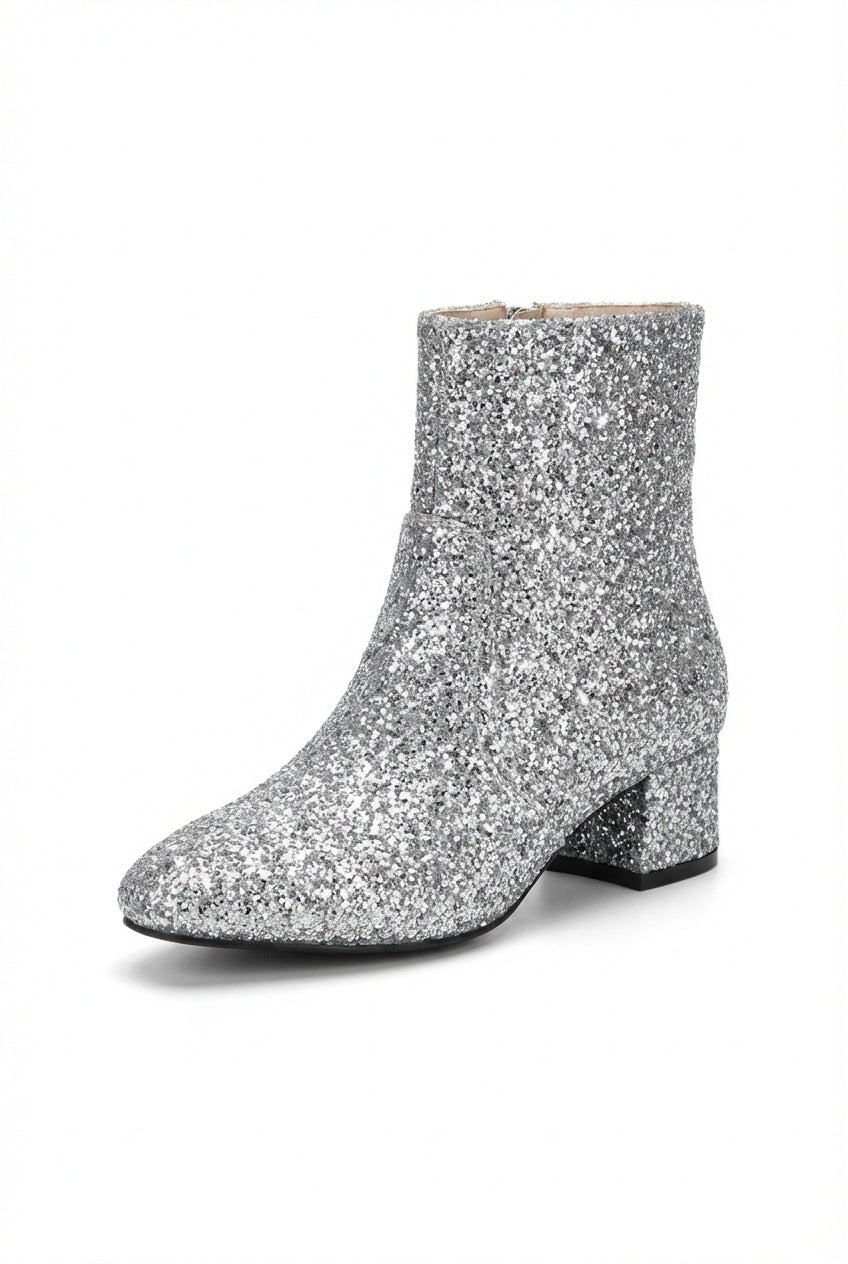 booties for cocktail dress With Party Look Silver Glitter Block Heel Ankle Color:Charcoal Black Wood Grain Print sizechart_edda-dress-size-chart Margaret Qualley Demi Moore