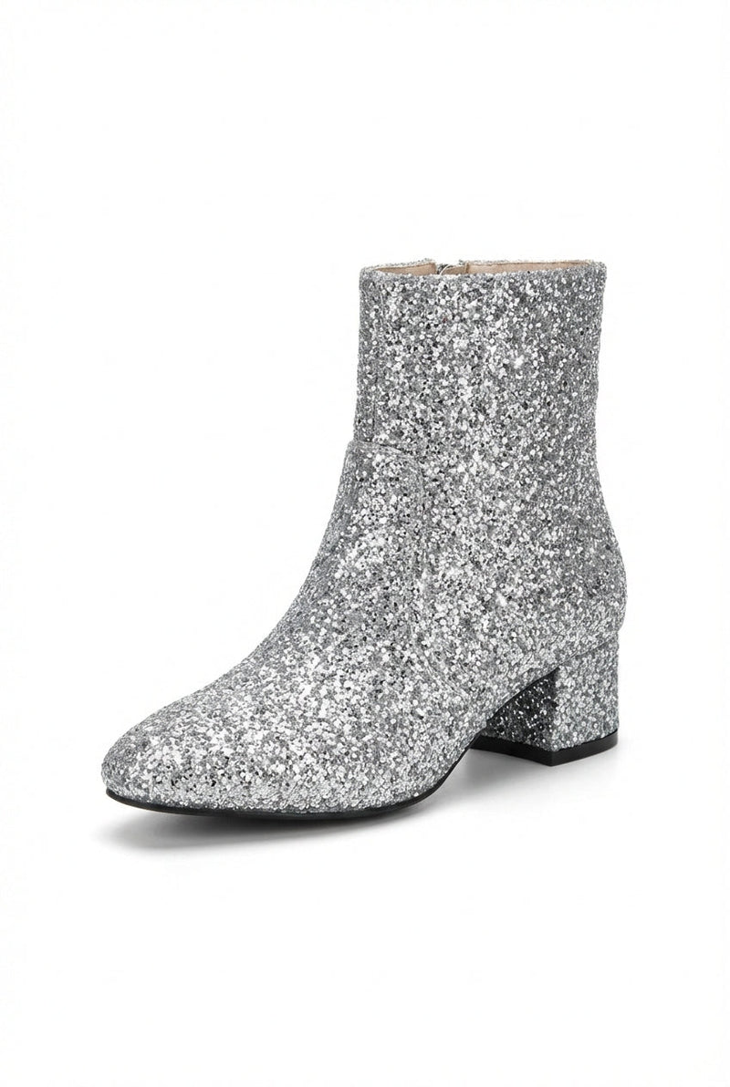 Silver Glitter Block Heel Ankle Boots with Side Zip - Photo 1