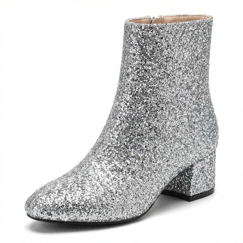 Glitter Block Heel Ankle Boots with Side Zip - Photo 3