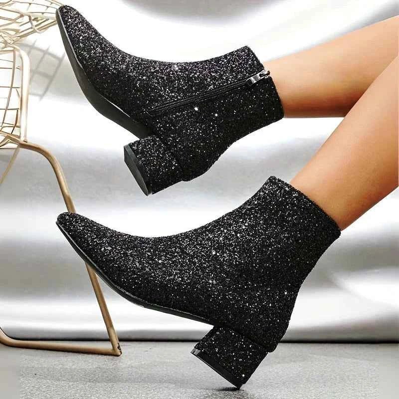 Glitter Block Heel Ankle Boots with Side Zip - Photo 4
