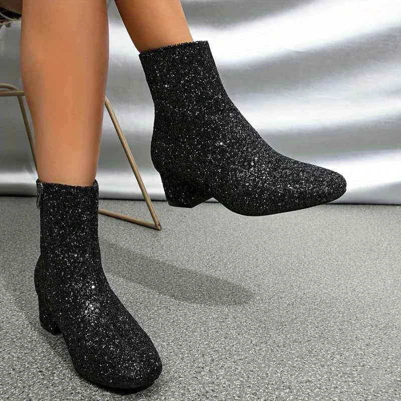 Glitter Block Heel Ankle Boots with Side Zip - Photo 7