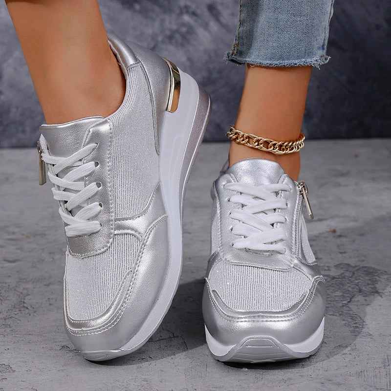 Silver Metallic Wedge Platform Sneakers with Side Zip - Casual sneakers - Photo 3