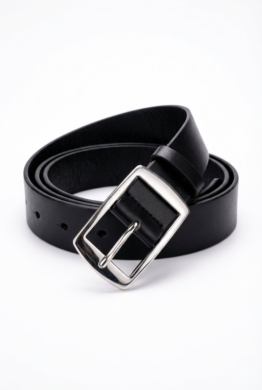 Silver Rectangular Buckle Classic Dress Belt with Smooth Finish - Dress belts - Photo 1