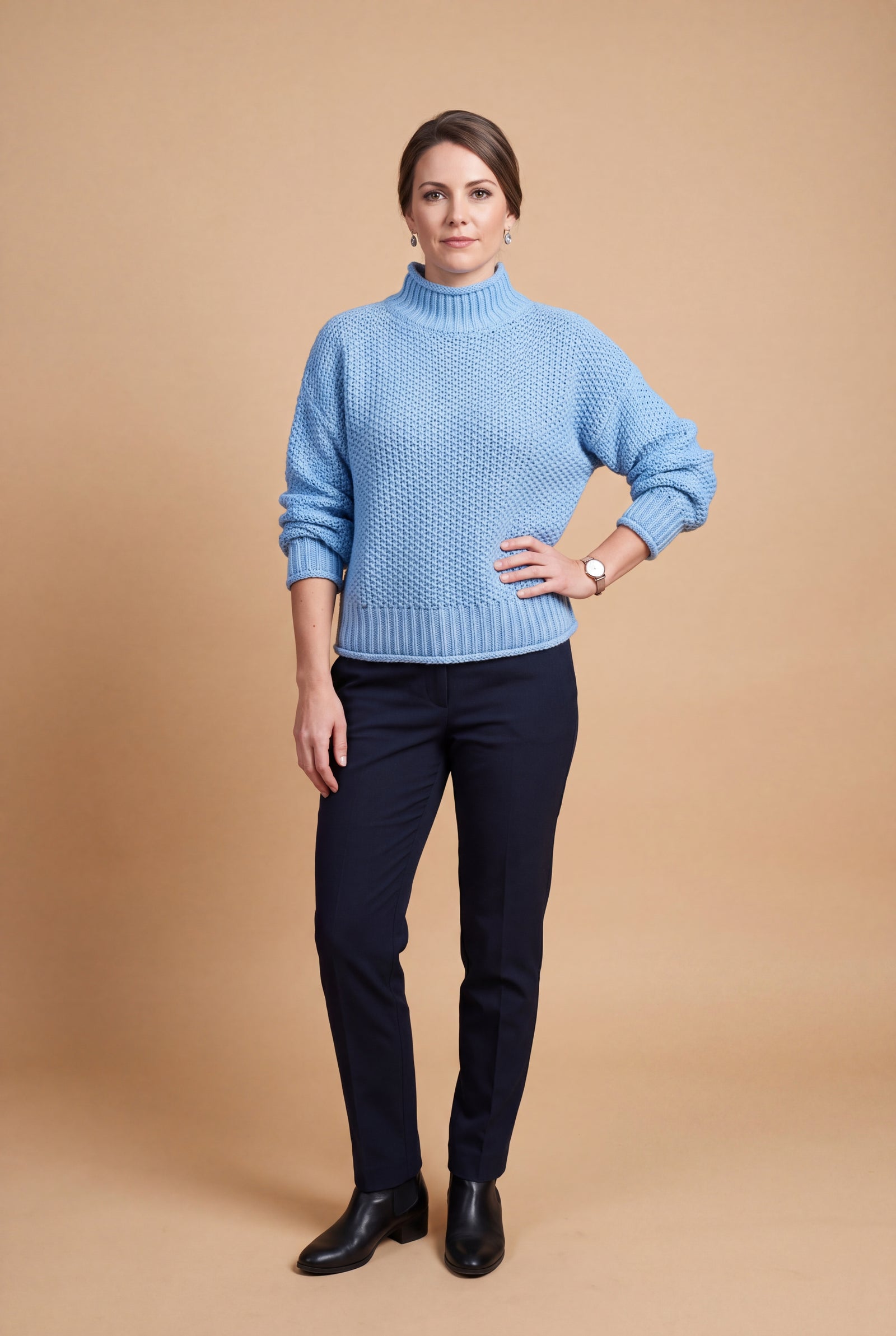 Women's Pullover High Collar in Sky Blue — studio front