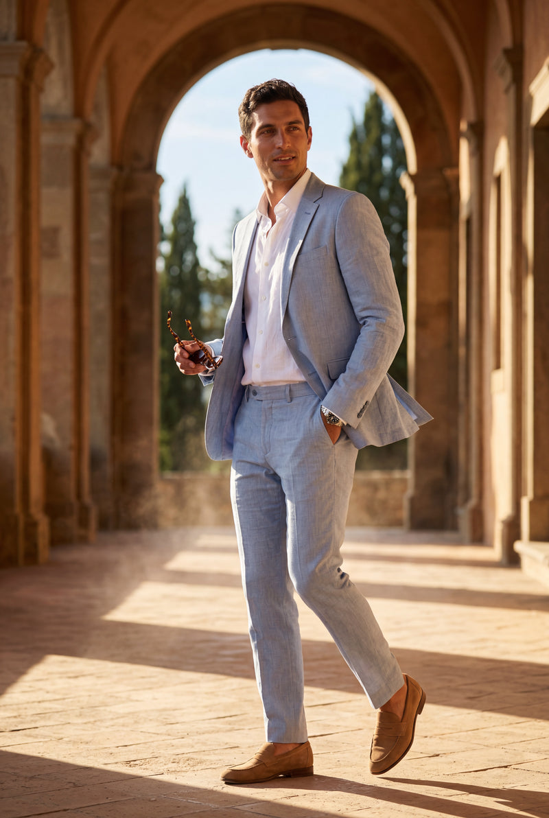 Steel Blue Slim Tailored Suit with Notch Lapel and Tapered Trousers - Linen suit - Photo 4