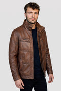 Fleece-Lined Leather-Look Jacket in Coffee — studio front