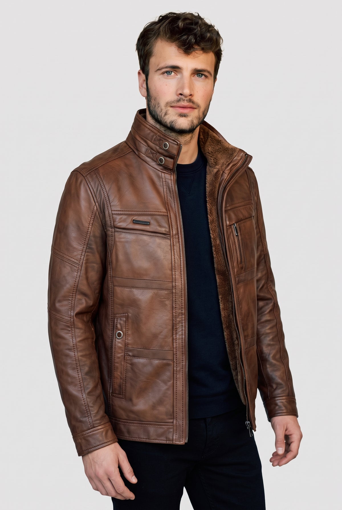 Fleece-Lined Leather-Look Jacket in Coffee — studio front