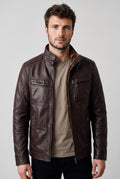 Fleece-Lined Leather-Look Jacket in Dark Coffee — studio front