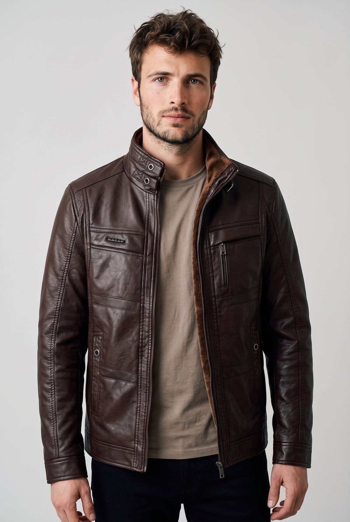 Fleece-Lined Leather-Look Jacket in Dark Coffee — studio front