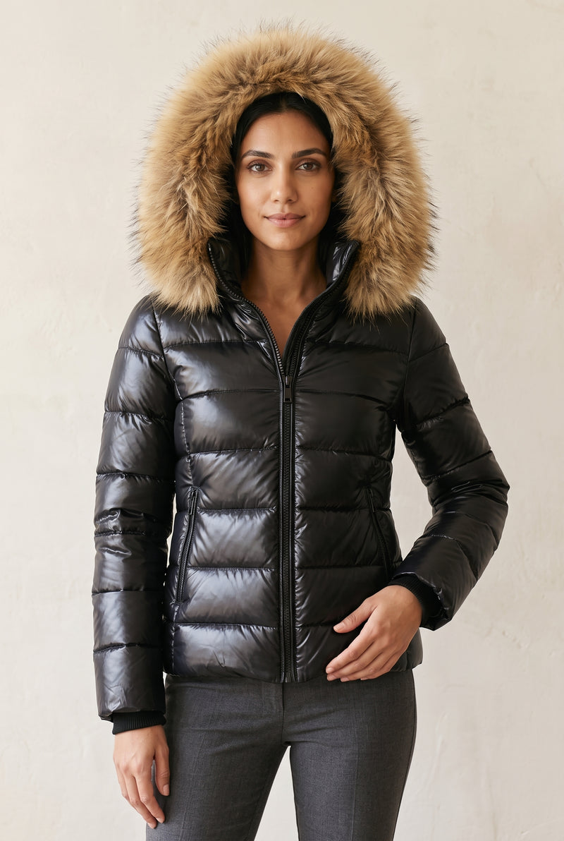 Glossy Puffer Jacket with Faux Fur Hood in Black — studio front