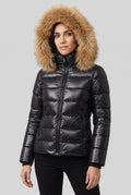 Black puffer jacket with faux fur-trimmed hood - studio-front