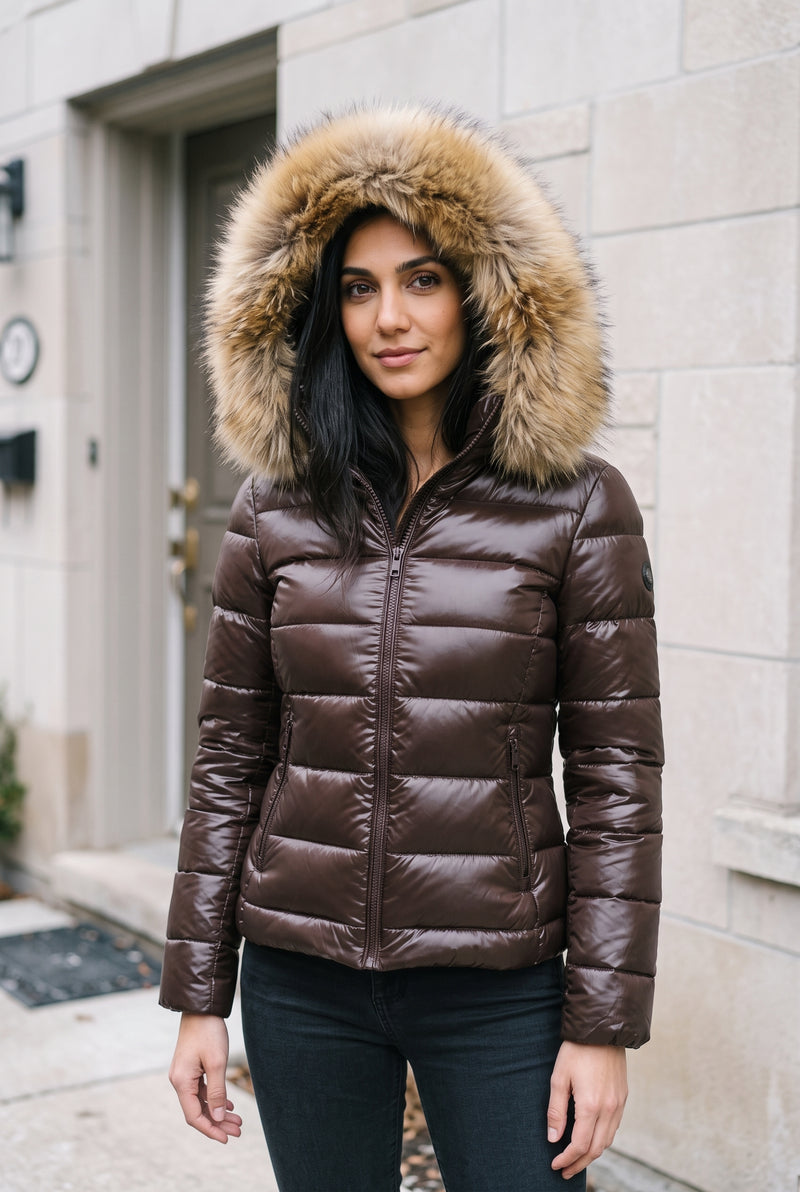 Glossy Puffer Jacket with Faux Fur Hood in Brown — lifestyle