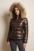 Glossy Puffer Jacket with Faux Fur Hood in Brown — studio front