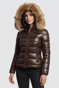 Brown puffer jacket with faux fur-trimmed hood - studio-front