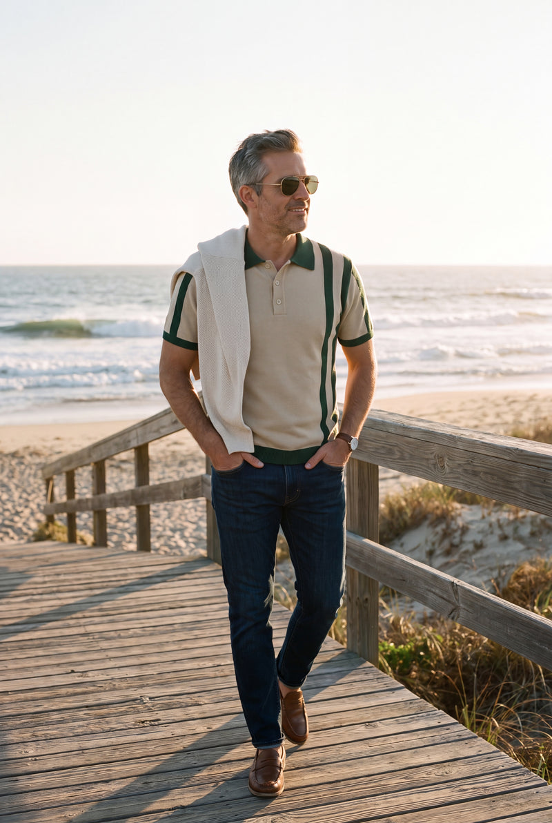 Men Striped Polo Shirt Short Sleeve in Striped Beige Green — lifestyle beach side