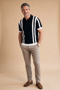 Men Striped Polo Shirt Short Sleeve in Striped Black White — studio full body