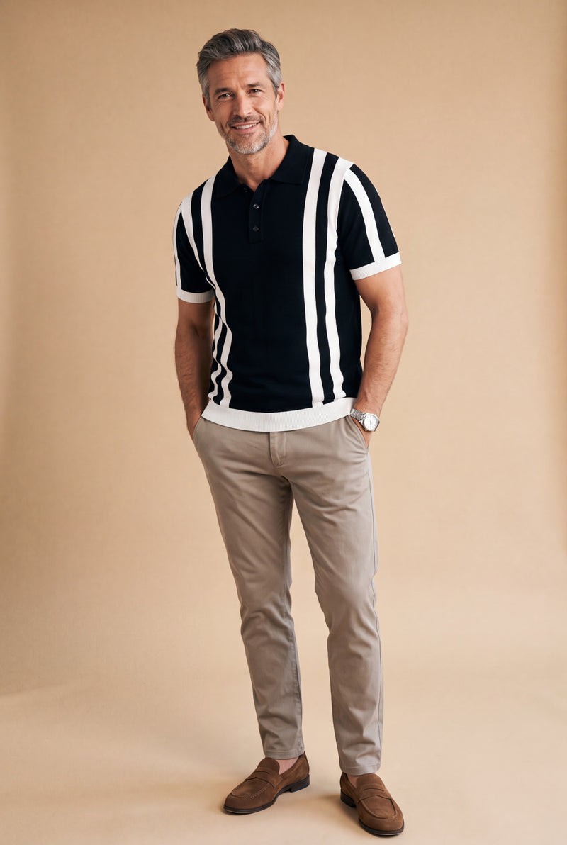 Men Striped Polo Shirt Short Sleeve in Striped Black White — studio full body